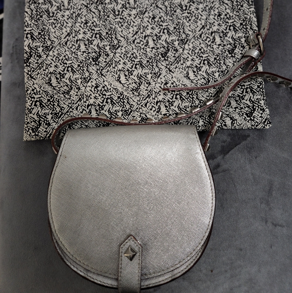 Authentic Rebecca Minkoff Skylar Metallic Silver Leather Studded Crossbody Bag
